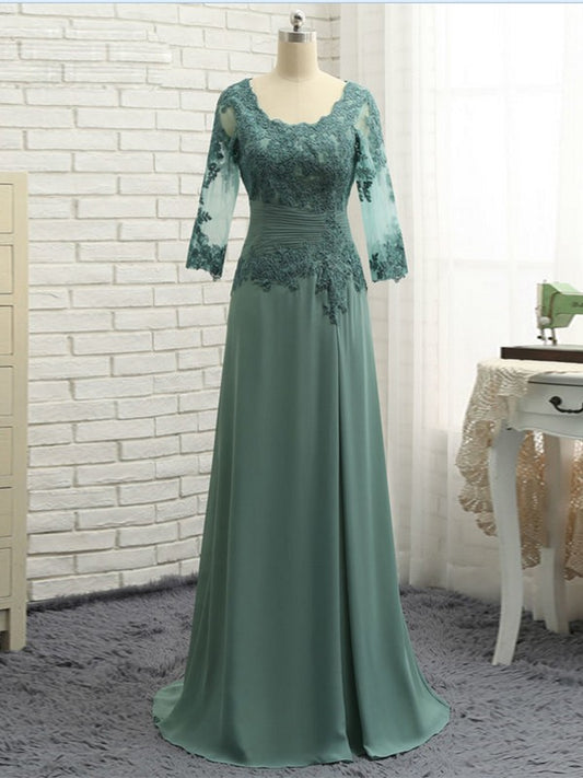 Penny A-Line/Princess Chiffon Applique Scoop 3/4 Sleeves Sweep/Brush Train Mother of the Bride Dresses DLP0020418