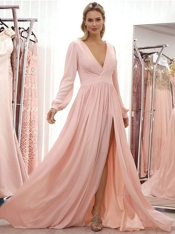 Tianna A-Line/Princess Chiffon Ruffles V-neck Long Sleeves Sweep/Brush Train Mother of the Bride Dresses DLP0020429