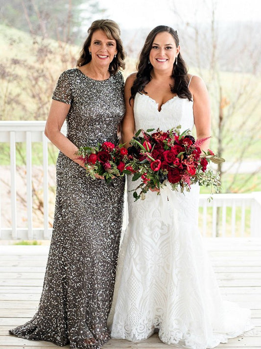 Geraldine Sheath/Column Sequins Scoop Short Sleeves Sweep/Brush Train Mother of the Bride Dresses DLP0020456