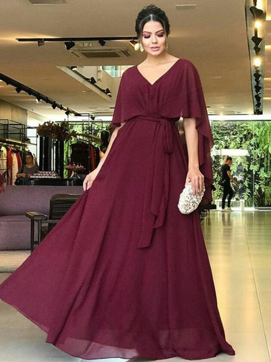 Janey A-Line/Princess Chiffon Sash/Ribbon/Belt V-neck Short Sleeves Floor-Length Mother of the Bride Dresses DLP0020293