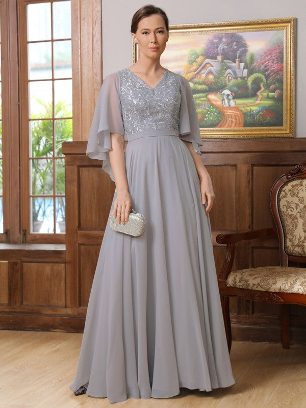 Yasmin A-Line/Princess Chiffon Applique V-neck 1/2 Sleeves Floor-Length Mother of the Bride Dresses DLP0020334