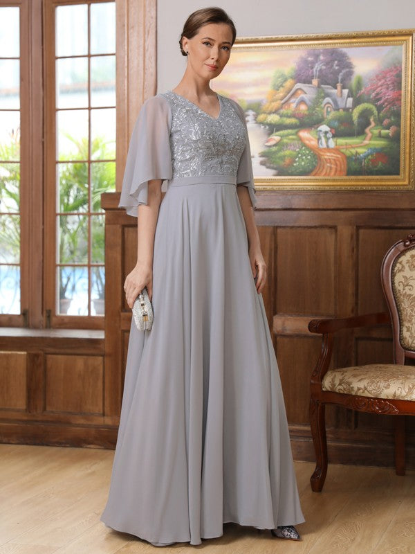 Yasmin A-Line/Princess Chiffon Applique V-neck 1/2 Sleeves Floor-Length Mother of the Bride Dresses DLP0020334