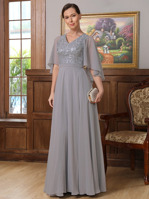 Yasmin A-Line/Princess Chiffon Applique V-neck 1/2 Sleeves Floor-Length Mother of the Bride Dresses DLP0020334