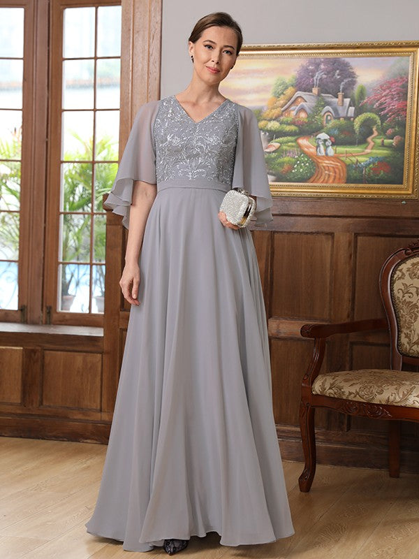 Yasmin A-Line/Princess Chiffon Applique V-neck 1/2 Sleeves Floor-Length Mother of the Bride Dresses DLP0020334