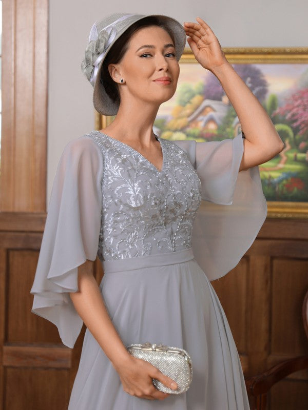 Yasmin A-Line/Princess Chiffon Applique V-neck 1/2 Sleeves Floor-Length Mother of the Bride Dresses DLP0020334