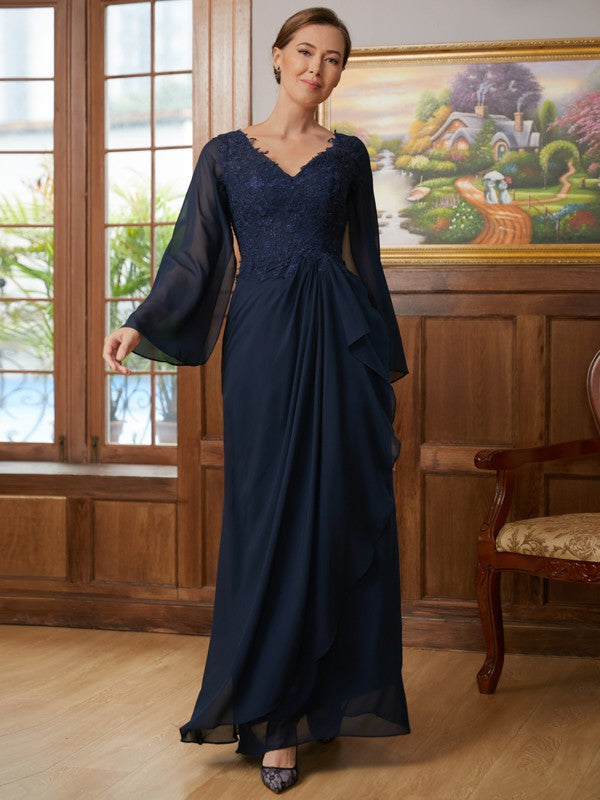 Araceli A-Line/Princess Chiffon Applique V-neck Long Sleeves Floor-Length Mother of the Bride Dresses DLP0020335