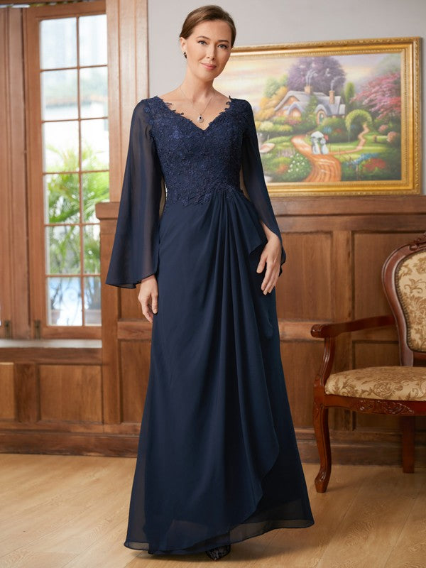 Araceli A-Line/Princess Chiffon Applique V-neck Long Sleeves Floor-Length Mother of the Bride Dresses DLP0020335