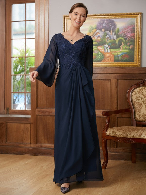 Araceli A-Line/Princess Chiffon Applique V-neck Long Sleeves Floor-Length Mother of the Bride Dresses DLP0020335