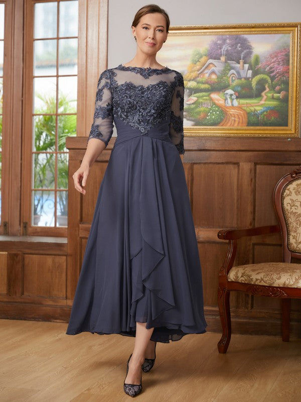 Brisa A-Line/Princess Chiffon Applique Scoop 3/4 Sleeves Asymmetrical Mother of the Bride Dresses DLP0020346