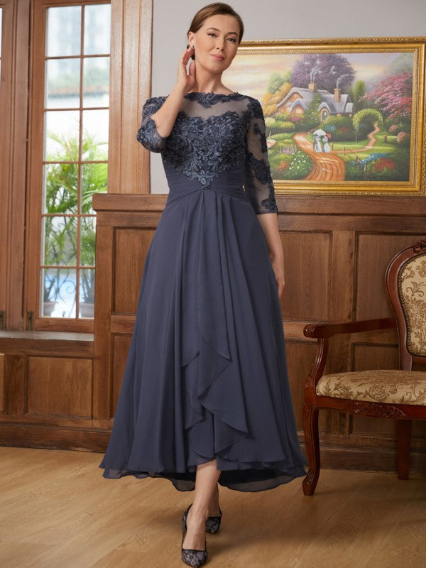 Brisa A-Line/Princess Chiffon Applique Scoop 3/4 Sleeves Asymmetrical Mother of the Bride Dresses DLP0020346