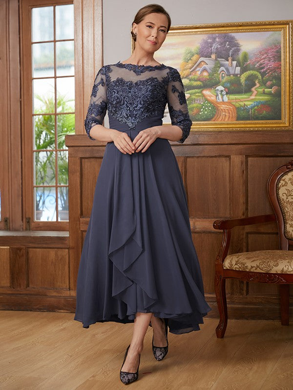 Brisa A-Line/Princess Chiffon Applique Scoop 3/4 Sleeves Asymmetrical Mother of the Bride Dresses DLP0020346