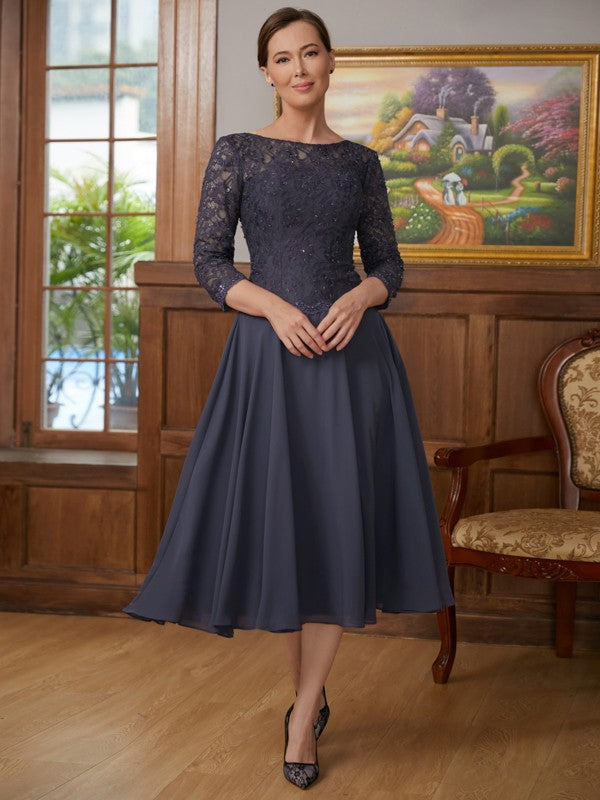 Danielle A-Line/Princess Chiffon Lace Scoop 3/4 Sleeves Tea-Length Mother of the Bride Dresses DLP0020347