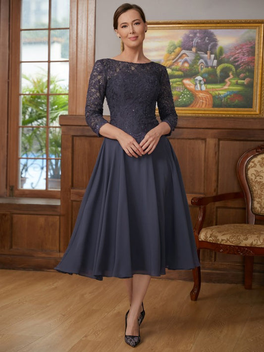 Danielle A-Line/Princess Chiffon Lace Scoop 3/4 Sleeves Tea-Length Mother of the Bride Dresses DLP0020347