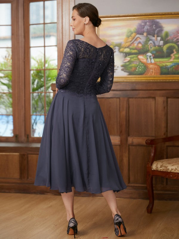 Danielle A-Line/Princess Chiffon Lace Scoop 3/4 Sleeves Tea-Length Mother of the Bride Dresses DLP0020347