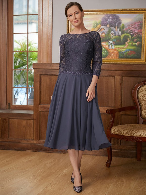 Danielle A-Line/Princess Chiffon Lace Scoop 3/4 Sleeves Tea-Length Mother of the Bride Dresses DLP0020347