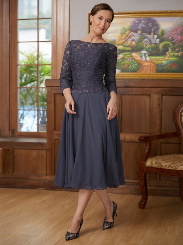 Danielle A-Line/Princess Chiffon Lace Scoop 3/4 Sleeves Tea-Length Mother of the Bride Dresses DLP0020347