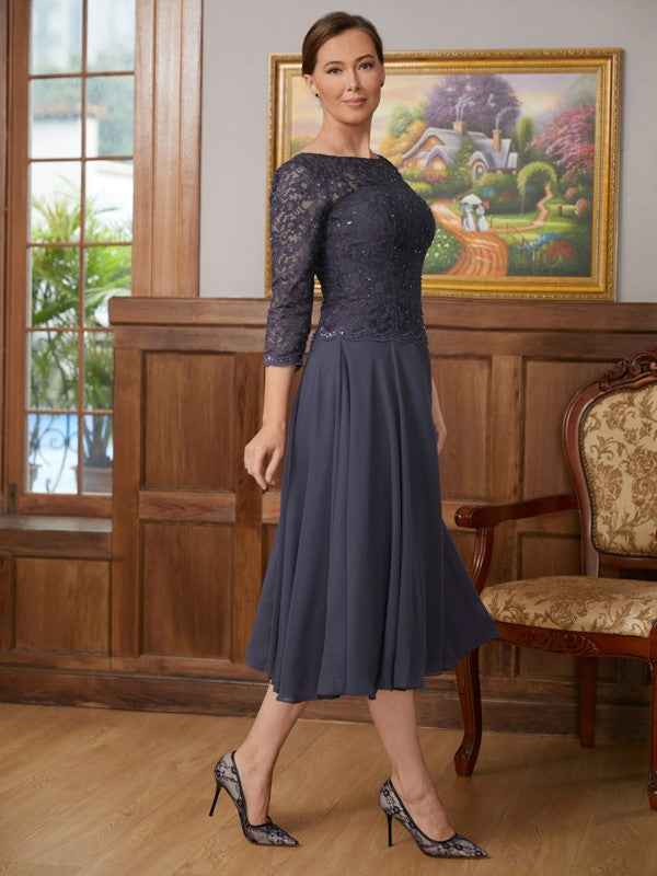 Danielle A-Line/Princess Chiffon Lace Scoop 3/4 Sleeves Tea-Length Mother of the Bride Dresses DLP0020347