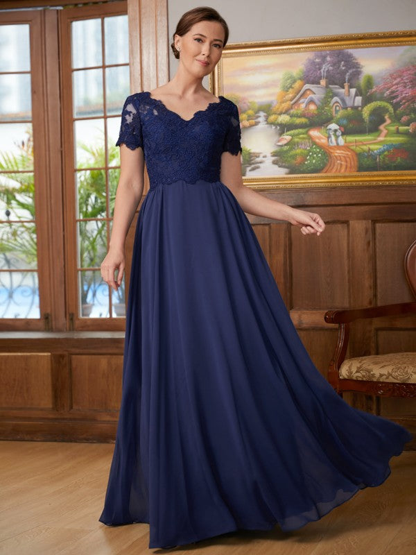 Valentina A-Line/Princess Chiffon Lace V-neck Short Sleeves Floor-Length Mother of the Bride Dresses DLP0020311