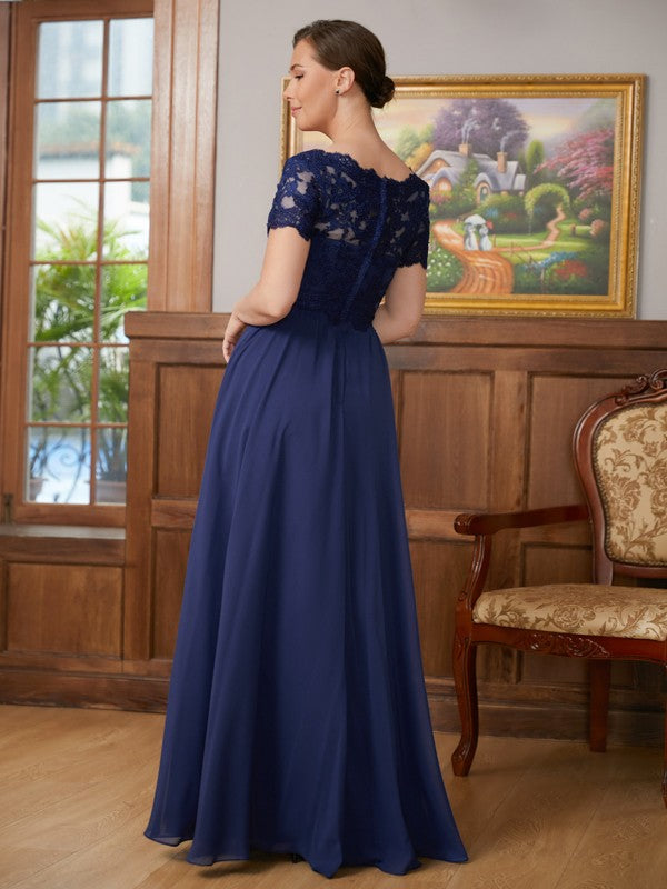 Valentina A-Line/Princess Chiffon Lace V-neck Short Sleeves Floor-Length Mother of the Bride Dresses DLP0020311