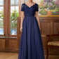 Valentina A-Line/Princess Chiffon Lace V-neck Short Sleeves Floor-Length Mother of the Bride Dresses DLP0020311