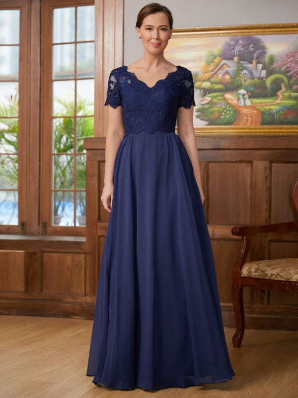 Valentina A-Line/Princess Chiffon Lace V-neck Short Sleeves Floor-Length Mother of the Bride Dresses DLP0020311