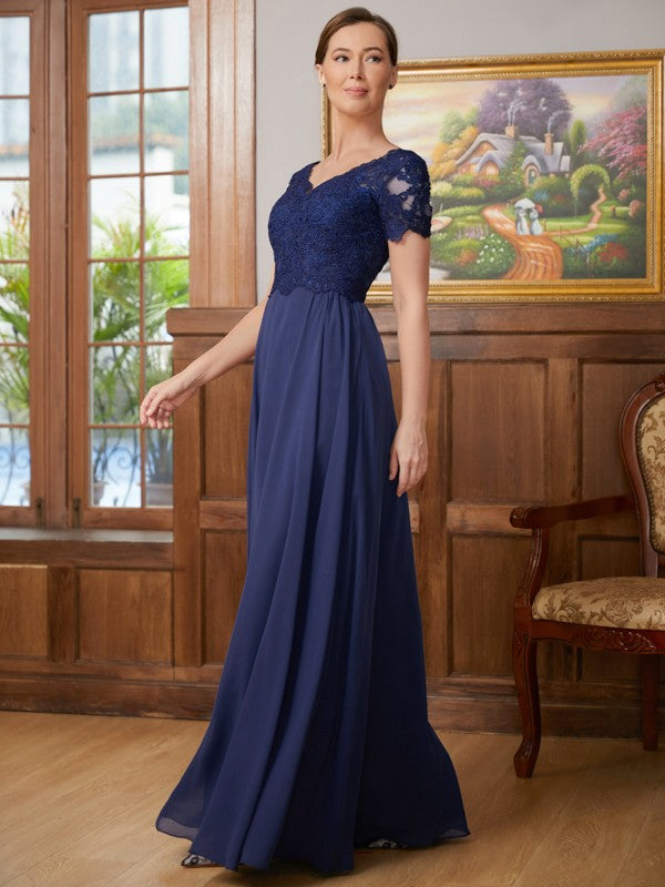 Valentina A-Line/Princess Chiffon Lace V-neck Short Sleeves Floor-Length Mother of the Bride Dresses DLP0020311