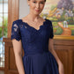 Valentina A-Line/Princess Chiffon Lace V-neck Short Sleeves Floor-Length Mother of the Bride Dresses DLP0020311