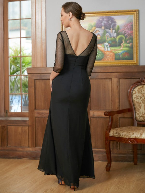 Emilia A-Line/Princess Chiffon Ruched Scoop 3/4 Sleeves Floor-Length Mother of the Bride Dresses DLP0020336