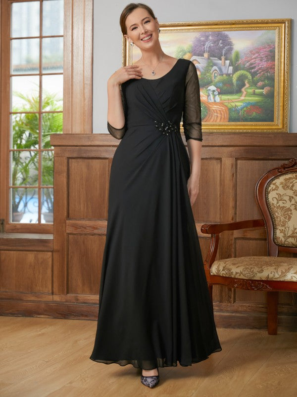 Emilia A-Line/Princess Chiffon Ruched Scoop 3/4 Sleeves Floor-Length Mother of the Bride Dresses DLP0020336