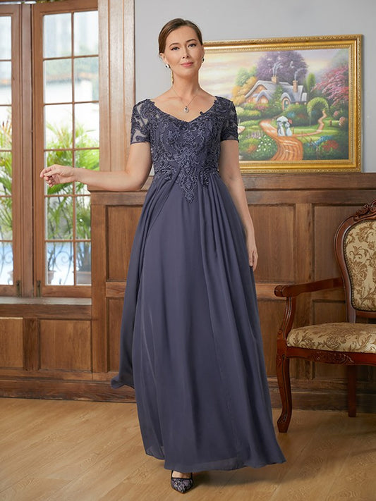 Lea A-Line/Princess Chiffon Applique V-neck Short Sleeves Floor-Length Mother of the Bride Dresses DLP0020337