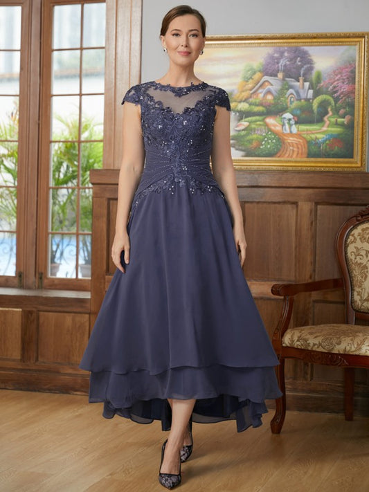 Riley A-Line/Princess Chiffon Applique Scoop Short Sleeves Asymmetrical Mother of the Bride Dresses DLP0020307