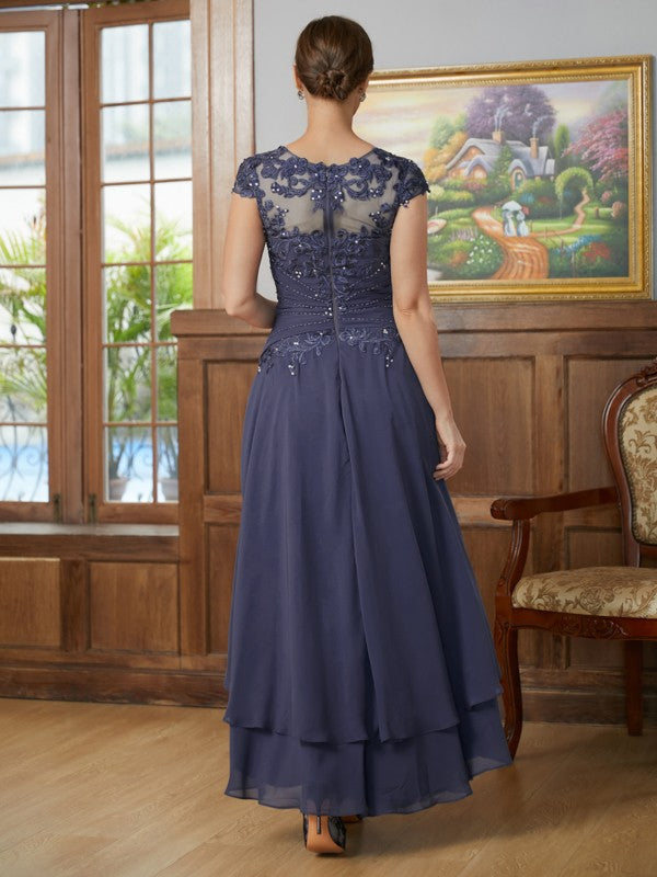 Riley A-Line/Princess Chiffon Applique Scoop Short Sleeves Asymmetrical Mother of the Bride Dresses DLP0020307