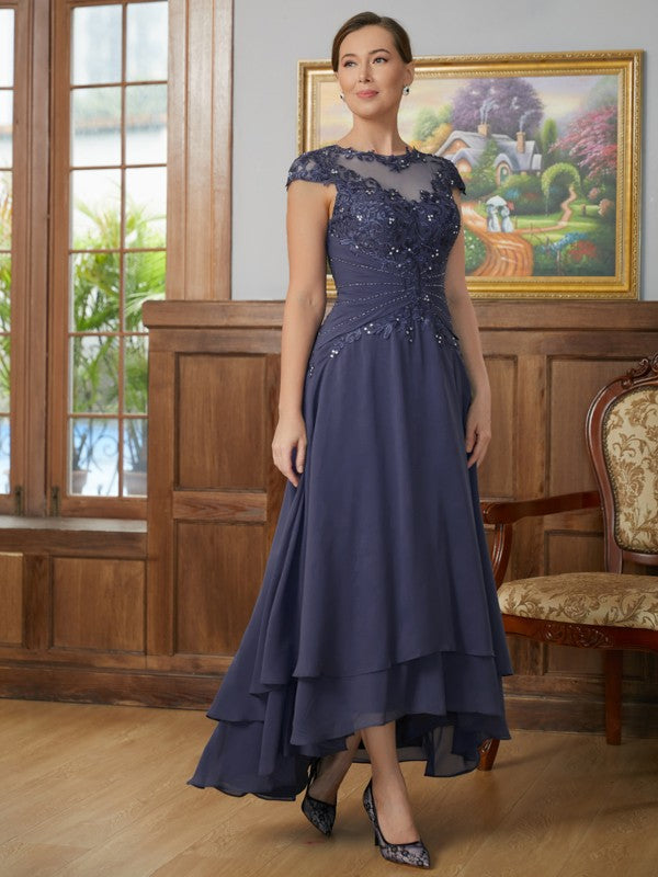 Riley A-Line/Princess Chiffon Applique Scoop Short Sleeves Asymmetrical Mother of the Bride Dresses DLP0020307