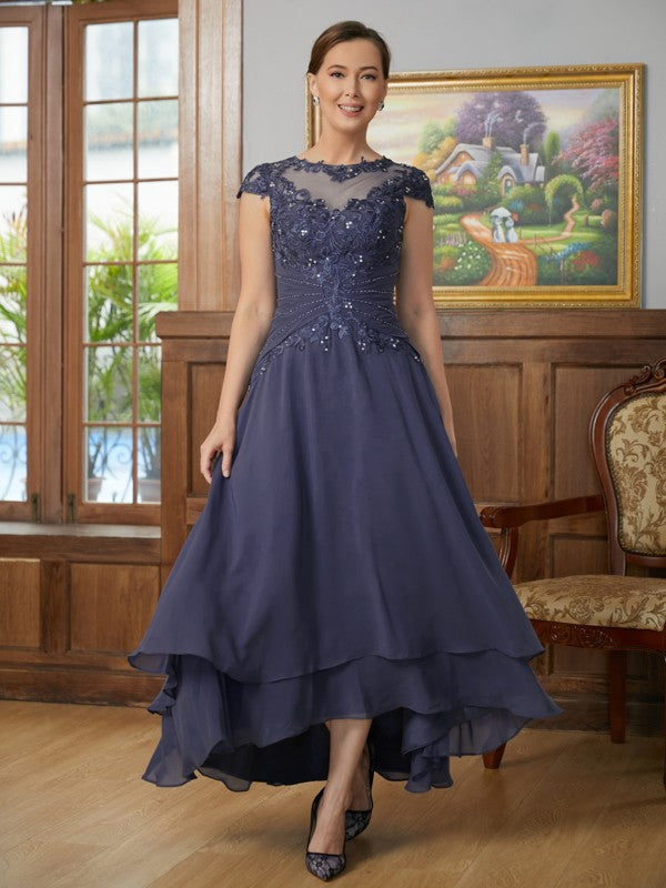 Riley A-Line/Princess Chiffon Applique Scoop Short Sleeves Asymmetrical Mother of the Bride Dresses DLP0020307