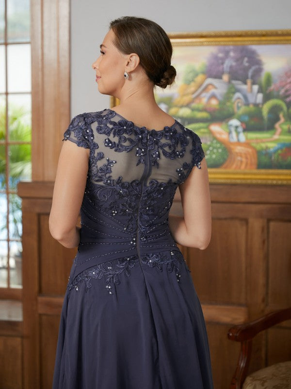 Riley A-Line/Princess Chiffon Applique Scoop Short Sleeves Asymmetrical Mother of the Bride Dresses DLP0020307