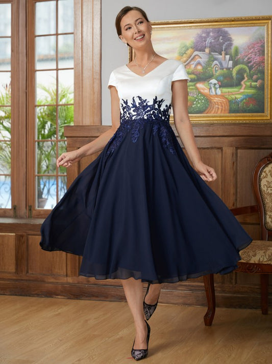 Aisha A-Line/Princess Chiffon Applique V-neck Short Sleeves Tea-Length Mother of the Bride Dresses DLP0020349