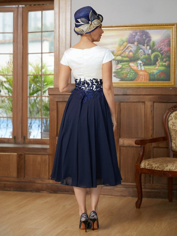 Aisha A-Line/Princess Chiffon Applique V-neck Short Sleeves Tea-Length Mother of the Bride Dresses DLP0020349