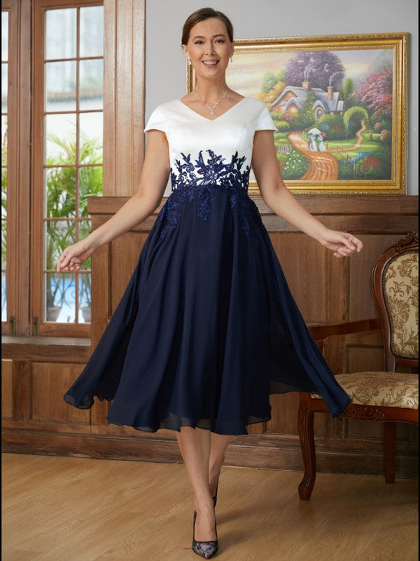 Aisha A-Line/Princess Chiffon Applique V-neck Short Sleeves Tea-Length Mother of the Bride Dresses DLP0020349