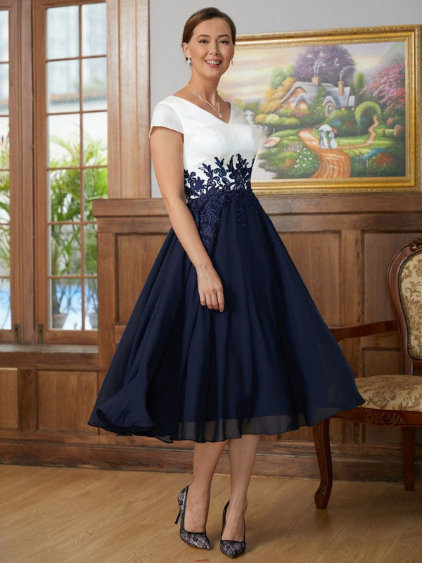 Aisha A-Line/Princess Chiffon Applique V-neck Short Sleeves Tea-Length Mother of the Bride Dresses DLP0020349