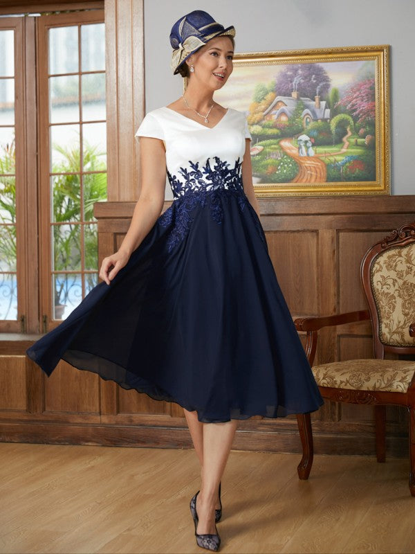 Aisha A-Line/Princess Chiffon Applique V-neck Short Sleeves Tea-Length Mother of the Bride Dresses DLP0020349