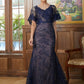 Alula Sheath/Column Silk like Satin Lace V-neck Short Sleeves Floor-Length Mother of the Bride Dresses DLP0020338