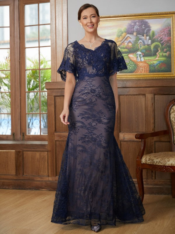 Alula Sheath/Column Silk like Satin Lace V-neck Short Sleeves Floor-Length Mother of the Bride Dresses DLP0020338