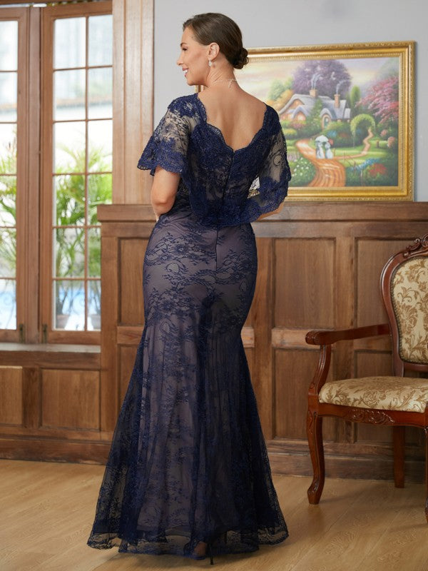 Alula Sheath/Column Silk like Satin Lace V-neck Short Sleeves Floor-Length Mother of the Bride Dresses DLP0020338