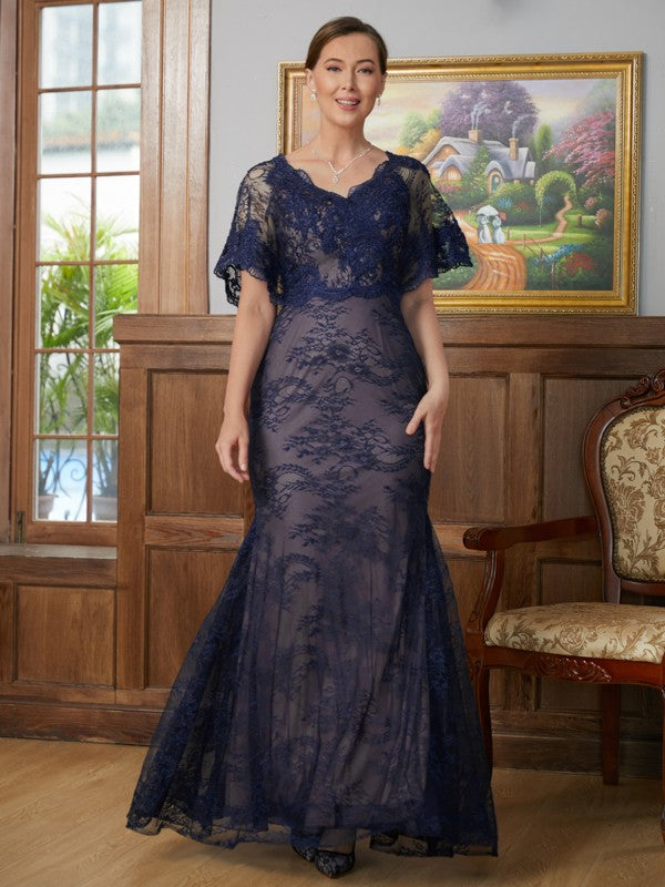 Alula Sheath/Column Silk like Satin Lace V-neck Short Sleeves Floor-Length Mother of the Bride Dresses DLP0020338