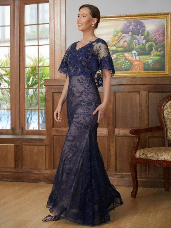 Alula Sheath/Column Silk like Satin Lace V-neck Short Sleeves Floor-Length Mother of the Bride Dresses DLP0020338