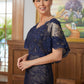 Alula Sheath/Column Silk like Satin Lace V-neck Short Sleeves Floor-Length Mother of the Bride Dresses DLP0020338