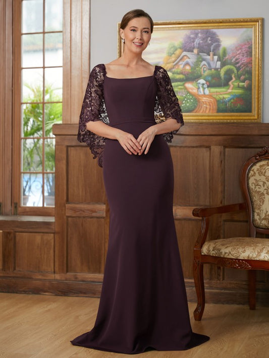 Patience Sheath/Column Stretch Crepe Lace Square 1/2 Sleeves Sweep/Brush Train Mother of the Bride Dresses DLP0020329