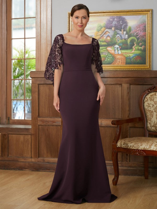 Patience Sheath/Column Stretch Crepe Lace Square 1/2 Sleeves Sweep/Brush Train Mother of the Bride Dresses DLP0020329