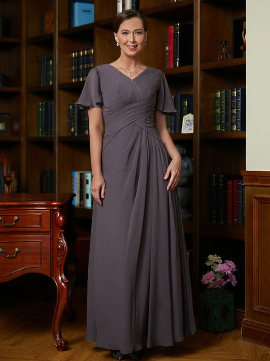 Tanya A-Line/Princess Chiffon Ruched V-neck Short Sleeves Floor-Length Mother of the Bride Dresses DLP0020304