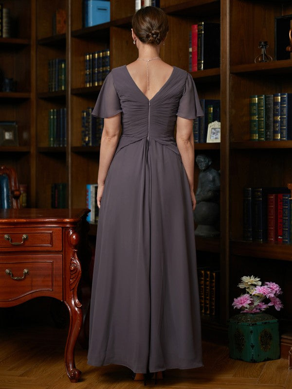 Tanya A-Line/Princess Chiffon Ruched V-neck Short Sleeves Floor-Length Mother of the Bride Dresses DLP0020304